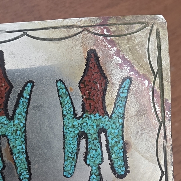 Vintage Silver Navajo Peyote Belt Buckle with Turquoise and Red Design - Picture 4 of 13